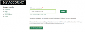 Screenshot of the account section with the access code field